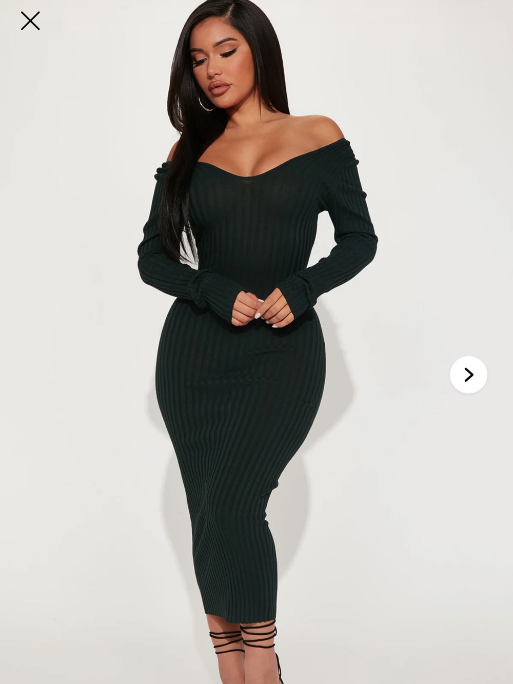 Fashion Nova Black Ribbed V‑Neck Long Sleeve Midi Dress